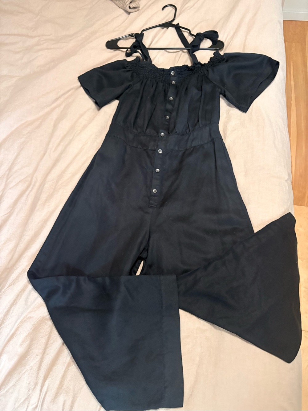 7 For All Mankind Black Off-Shoulder Button-Front Jumpsuit with Tie Straps